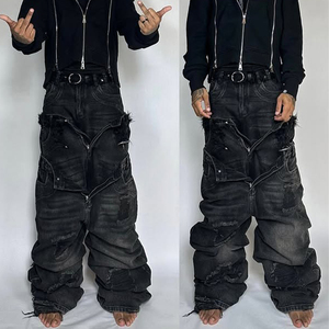 MZN erkek yüksek kaliteli tasarımcı kot lüks sıkıntı taş yıkama ağır Baggy Flare pantolon Streetwear tarzı siyah - Product Image 3