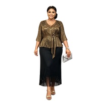 Ensemble deux pièces modeste grande taille, haut en dentelle métallique dorée, jupe midi noire à franges, col en V, robe de soirée pour femmes musulmanes