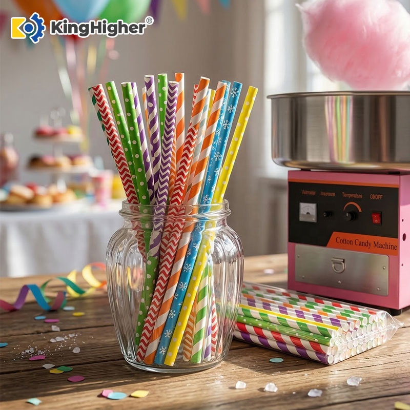 Multi Color Paper Cotton Candy Sticks Paper Food Grade Biodegradable Custom Logo Print Disposable Paper Straws Bulk