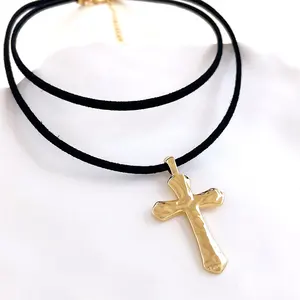 New fashion jewelry custom leather gold plating cross pendant necklace for women