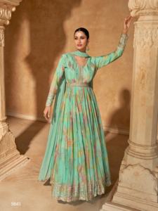 Vestido Anarkali de seda Chinon pesado con estampado digital con bordado, vestido de fiesta de trabajo para venta de exportación - Product Image 3