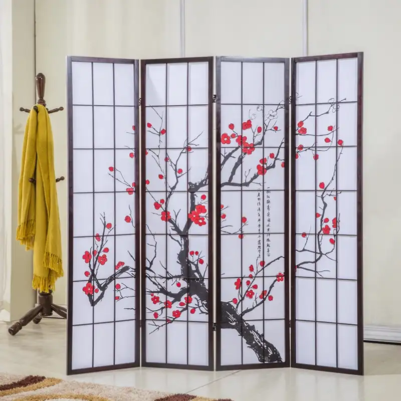 Pflaumen blüten druck Holz & Papier 4 Panel Raumteiler-Rot & Schwarz Japanische Raumteiler Modernes Design Bildschirm Home Decoration