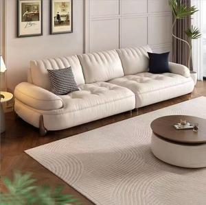 Sofá Moderno de 3 Plazas en Cuero Genuino con Respaldo Acolchado, Color Gris, con Patas Metálicas para Sala de Estar - Product Image 3
