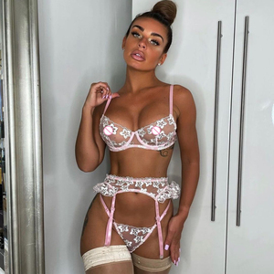 Conjunto de Lencería Sexy de 3 Piezas para Mujer, Transparente, Erótico, Nuevo, con Bordado de Flores Rosadas, con Aros y Liga - Product Image 2