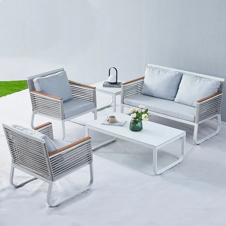 Moderne Allwetter-Aluminium-Gesprächs terrasse Gartenmöbel Seil weben langlebige Schlafzimmer-Sets weißes Gartens ofa 2er-Set