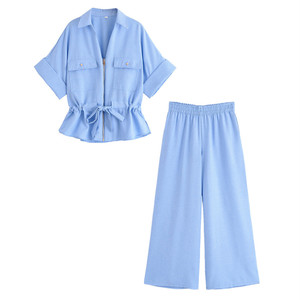 NOVEDAD DE VERANO 2025, traje de viaje para mujer, <span class=keywords><strong>camisa</strong></span> de cintura con cordones de <span class=keywords><strong>Joker</strong></span> con pantalones de cintura alta tejidos con decoración de botones - Product Image 5