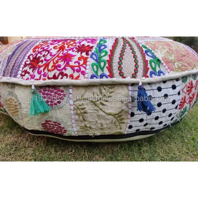 Bohemian Vintage Handmade Indian Floor Embroidered Round Cushion Cover Unique Throw with Patchwork for Boho Floor Pillows