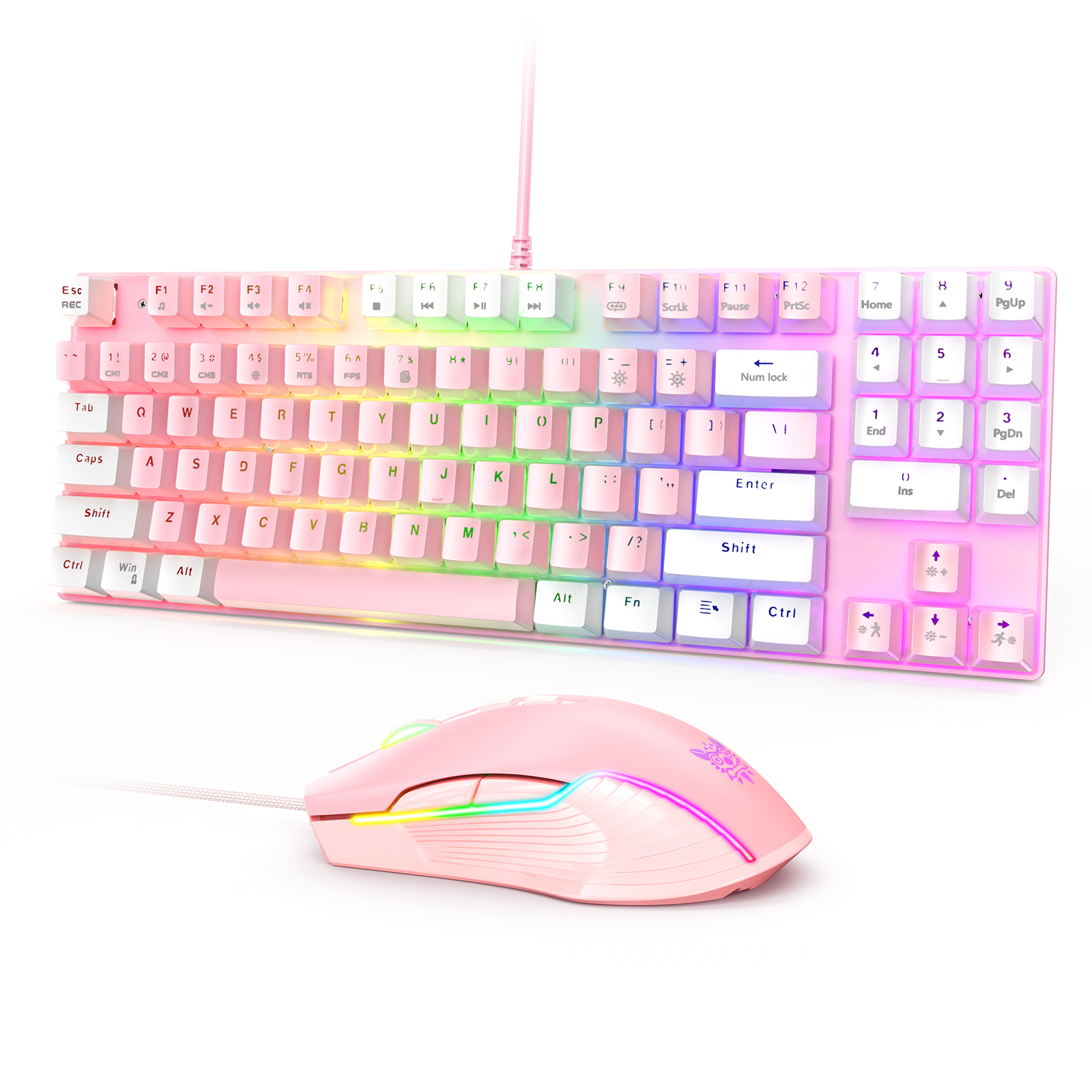 Pink White Onikuma Keyboard and Mouse Set Wired USB Keyboard Mouse Combo