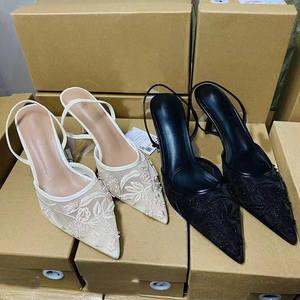 Za 2026 New Temperament Stiletto Heels Pointy Toe <strong>Slipper</strong> Embroidered <strong>Beaded</strong> Lace <strong>Mesh</strong> Sandals Designer Shoes Woman - Product Image 2