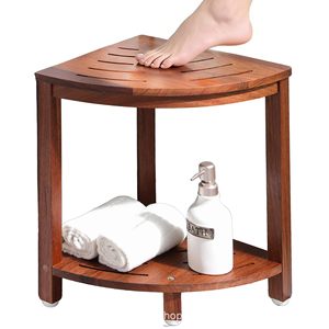 Tabouret de douche en bois Jaylen avec étagère d'angle double couche et rangement pour articles de toilette en bois massif - Product Image 1