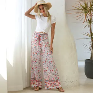 2023 Nieuwe Collectie Broek Voor Vrouwen Casual Zomer Wijde Pijpen Elastische Hoge Taille Chiffon Bedrukt Broek Wijde Pijpen