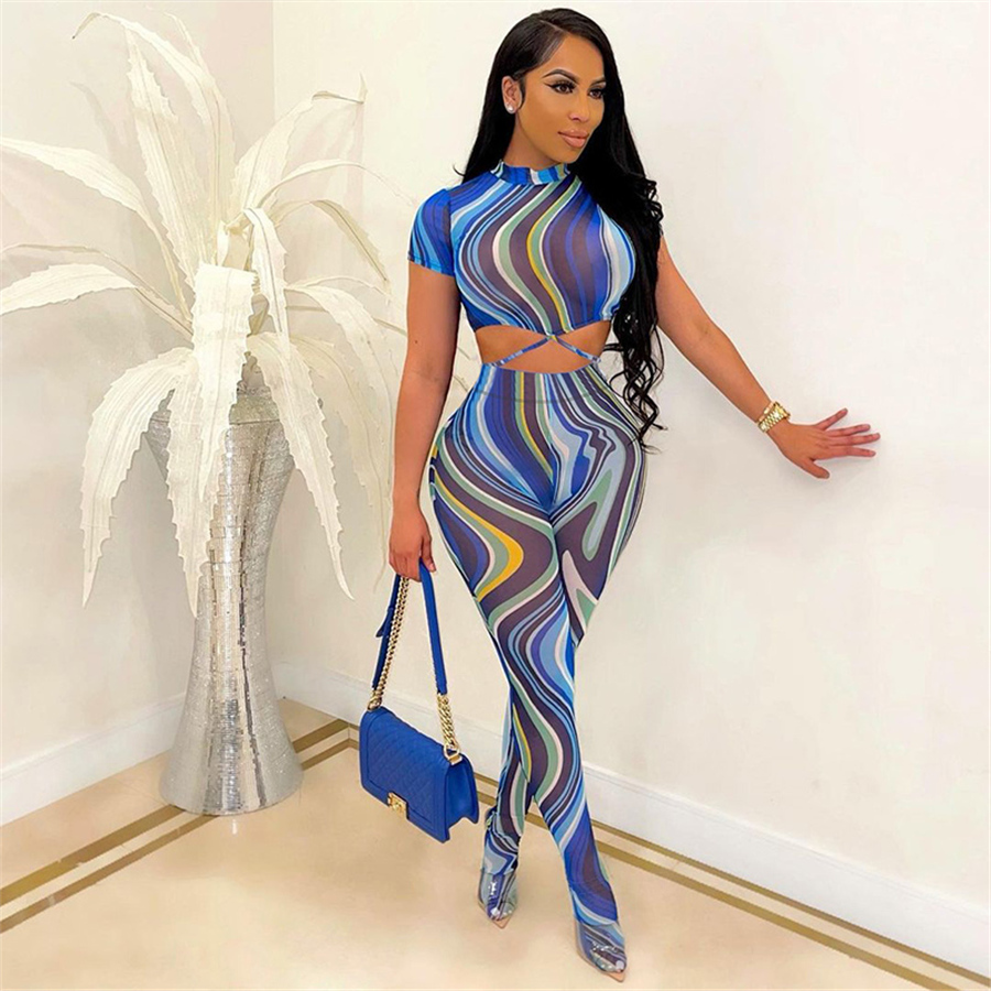 2021 Summer Clothing Bandage Mesh Cut Out Crop Top Foot Pant Set Party Street Tight Women Two pieces Sets
