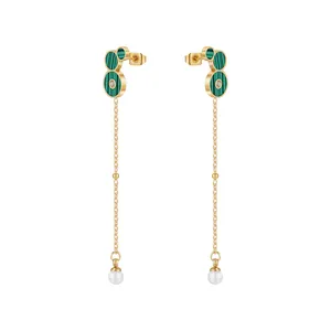 Original Design 18K Gold Plated Stainless Steel Jewelry Round Green Stone Zircon Pearl For Woman Gift Earrings E231475