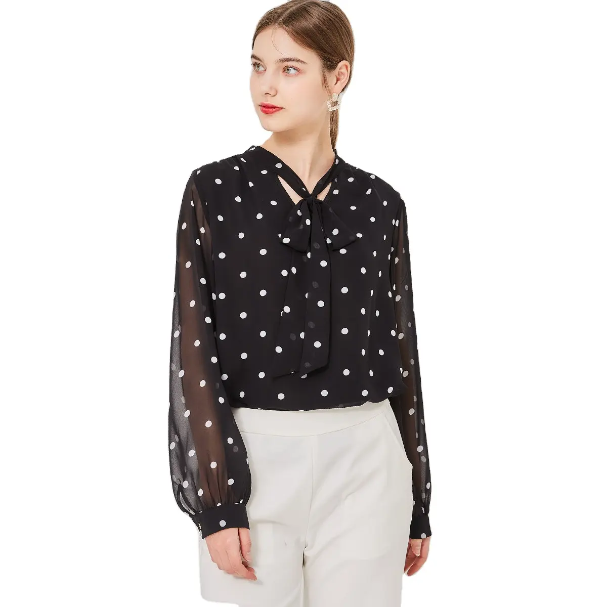 Women's Blouse Long sleeves Dot Print Chiffon Top Black Chiffon With White Dot Blouse