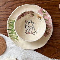 Ensemble de vaisselle en céramique fait main, motif chat mignon, pour le petit-déjeuner : tasse à café, bol, assiette, théière – Idéal pour la maison et la cuisine au quotidien
