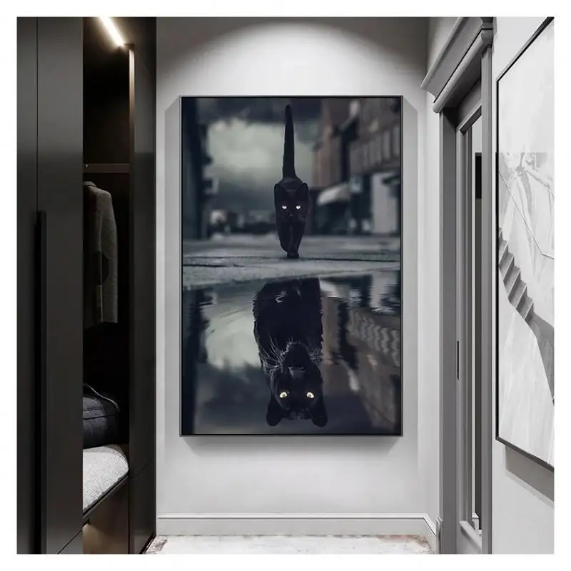 De Reflectie Van Zwarte Kat Canvas Schilderij Kleine Kat Geworden Tijger Leeuw Poster Dier Muur Kunst Foto 'S Voor Woonkamer Decor
