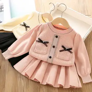 Toddler Outono Roupas Meninas Two Piece Knit Skirt Set Sweater Suit para Crianças Roupas de Inverno Baby Outfit