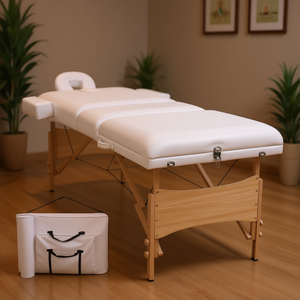 Table de massage pliante blanche, éponge haute densité de 3,9 pouces d'épaisseur, cadre en bois, appui-tête intégré, mobilier de salon - Product Image 2
