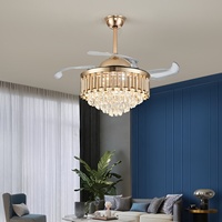 Ventilateur de plafond moderne intelligent avec 4 pales rétractables de 42 pouces, lustre en cristal, lumière LED, 3 couleurs LED pour chambre à coucher, appartement