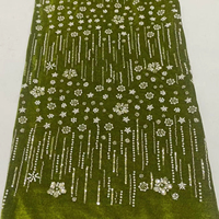 Tissu en dentelle de velours perlé vert olive avec broderie de sequins pour vêtements africains