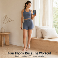 Ensemble d'entraînement EMS deux pièces avec 8 zones, comprenant un crop top et un short, idéal pour les séances d'entraînement en salle et sans besoin d'équipement à domicile