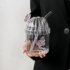 Bicchiere in Vetro Borosilicato 3D a Forma di Farfalla da <span class=keywords><strong>500</strong></span> <span class=keywords><strong>ml</strong></span> per Caffè Freddo, Succo, Latte e Bevande Fredde con Coperchio e Cannuccia - Product Image 6