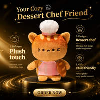 Peluche de chat avec accessoires de chef (chapeau, tablier, pain) – Cadeau