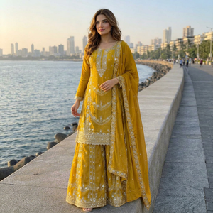 Ensemble de luxe pakistanais 3 pièces festif en soie Chanderi brodé jaune moutarde Haldi pour cérémonie, Kurti et Sharara - Product Image 1