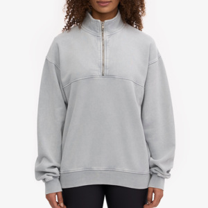 Sudadera de estilo vintage gris claro con media cremallera para mujer, hombros caídos, costura frontal, algodón grueso, estilo urbano, tipo jersey - Product Image 1
