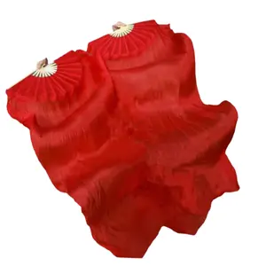 Pure Red Women Belly Dance Silk Veil Adults 150cm Real Silk Belly Dance Long Fan Dancer Stage Performance Show Competition Props