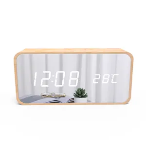 MDF LED Spiegel uhr Smart Wecker Tisch uhr mit Temperatur Bambus Holz Digitaluhren