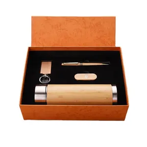 Flash drive set Wooden keychain gift Enterprise company presents bamboo smart thermos cup gift set