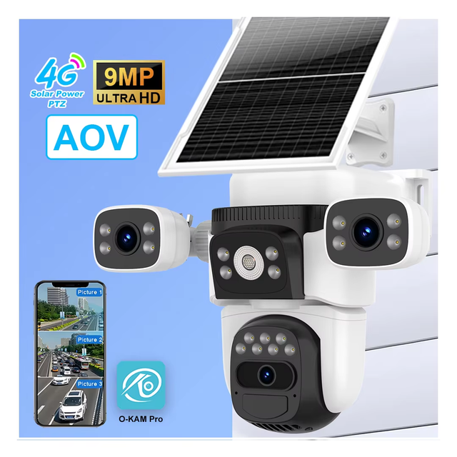 OEM ODM BG621SR 9MP 4G Solar Security Camera Outdoor Three Lens PTZ CCTV System PIR Detection 360 Degree Cloud Storage