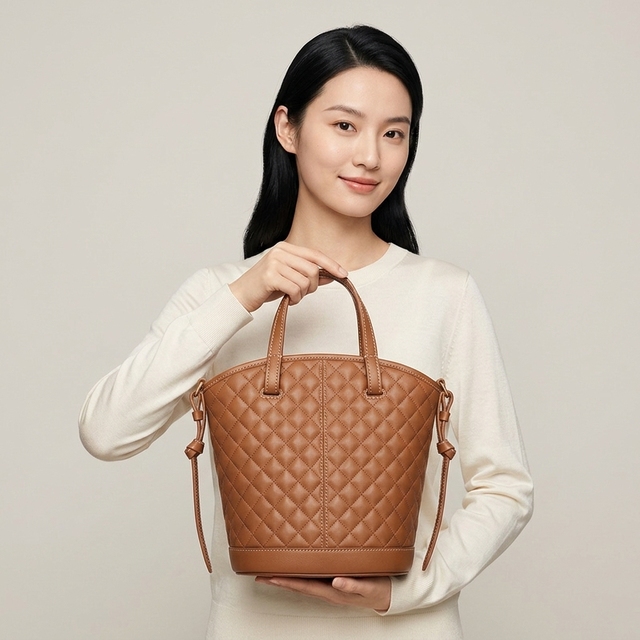 Factory Manufacturing Genuine Leather Quilted Bucket Handbag Women Diamond Pattern Tote Bags