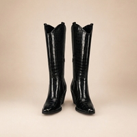 Bottes Western Montantes Noires pour Femmes en Cuir Verni Gaufré Croco, Talon Épais, Bout Pointu, Fermeture Éclair Latérale – Fournisseur OEM ODM en Gros