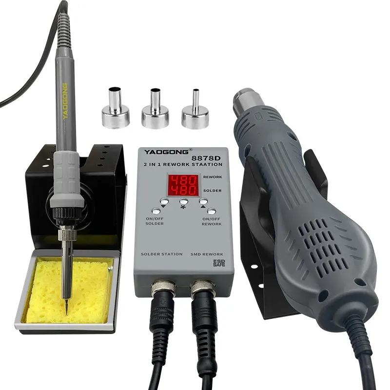 YAOGONG 8878D 2 in 1 Soldering Station Hot Air Gun Soldering Iron SMD Magnetic Induction Autosleep BGA Rework Station