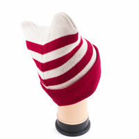 Topi Beanie Rajut Bergaris Merah Putih dengan Logo Kustom Grosir, Topi Beanie Telinga Kucing untuk Musim Dingin, Telinga Kucing Berbahan Akrilik Lembut