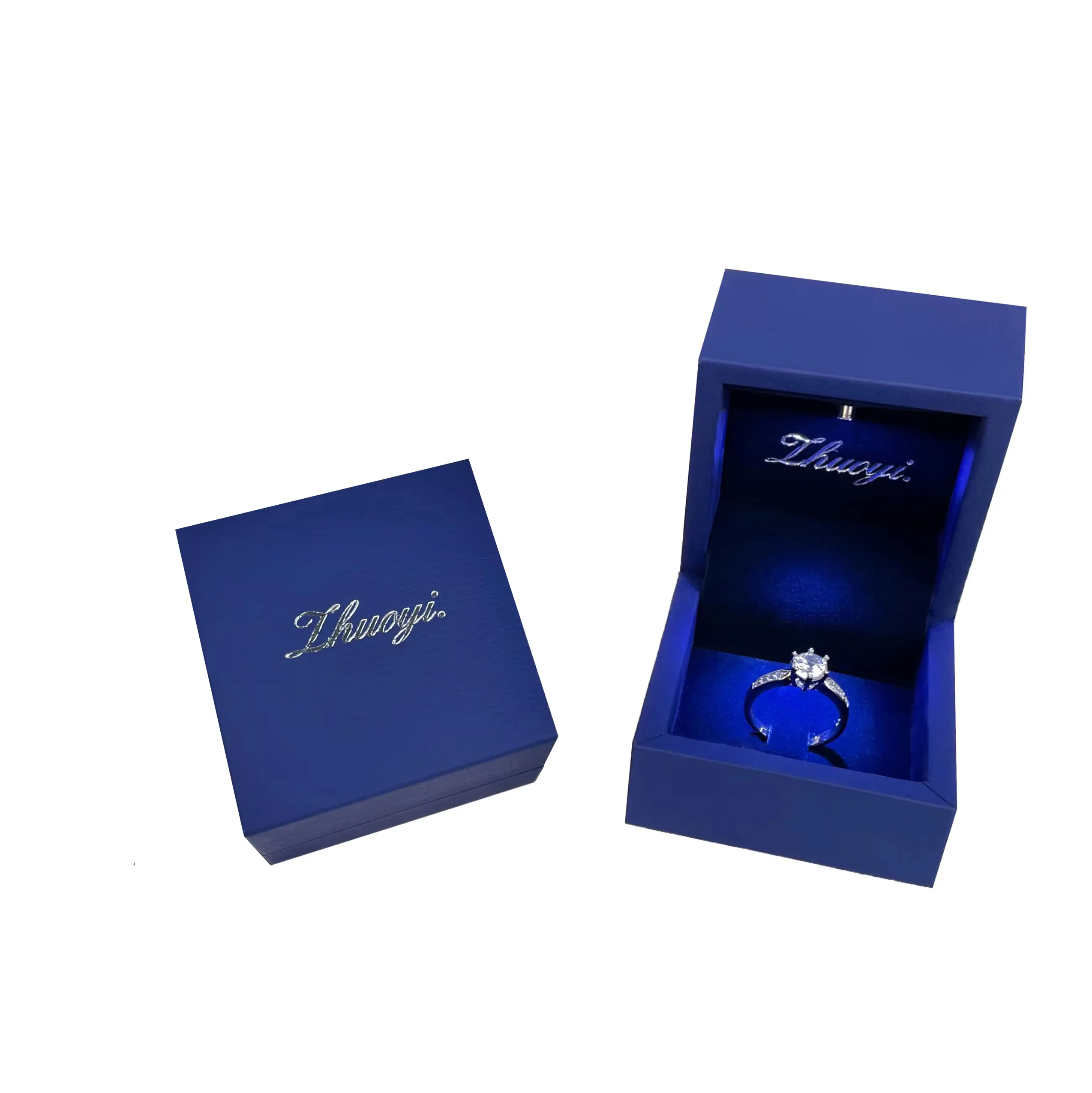 Customer LOGO Luxury Ring Box with Hot Stamp velvet box packaging jewels with led light jewelry box