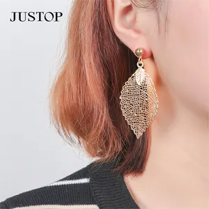 Fashion Women Brass Gold Plated Hollow Large Statement Leaf Fringe Hook Drop Earrings Supplier