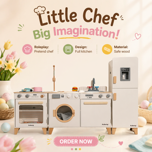 Set Cucina in Legno per Bambini con Lavello, Forno e Frigorifero, Gioco Educativo Stile Danese, Set per Cucinare Simulato - Product Image 1