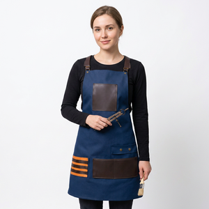Tablier de coiffeur professionnel robuste en jean bleu avec accents en cuir et bretelles croisées, capes et tabliers de barbier - Product Image 1