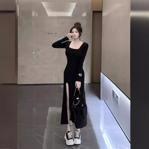Women Long Sleeve Bodycon Dress Black Solid Color Knitted Stretch High Slit Long Skirt Spring Autumn Wear - Product Image 3