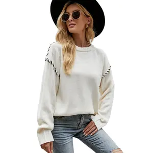 Mills Sisters Elegant Womens Long Sleeve Top Autumn Trendy Loose Rib Knitted Sweater Solid Color Oversized Round Neck Sweaters