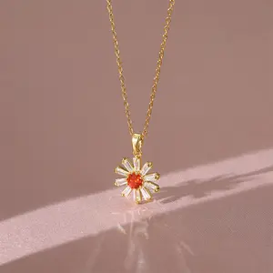 Collar De Acero No Fade Gold Plated Stainless Steel Red Color Flower CZ Stone for Women's Girls Necklace Jewelry