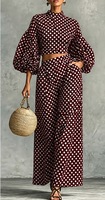 Vente en gros directe usine : Ensemble haut à manches lanternes à pois et pantalon large taille haute avec logo personnalisé