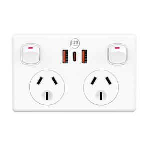 SAA approuvé 10A 240V chargeur haute vitesse 2USBA + USBC PD 20W Au électrique Double GPO Points d'alimentation interrupteur et prise - Product Image 2
