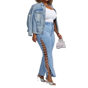 Nuevo diseño Skinny Jeans de pierna ancha para mujeres de talla grande Mummy Sexy Jeans con detalle de cadena lateral - Product Image 1