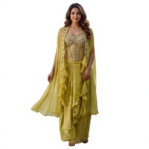 Élégant Salwar Kameez en Soie Chinon Jaune pour Femme, avec Blouse Perlée et Dupatta en Tulle Doux, Longueur Ras du Sol, Séchage Rapide - Product Image 1