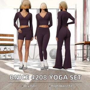 Bnice 4208 Ensemble de yoga pour femme en nylon doux, comprenant un haut court à col en V et manches longues, et un legging évasé froncé aux fesses, très élastique, pour le sport - Product Image 2