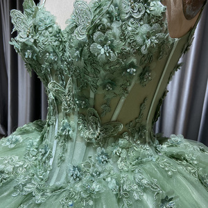 Vestidos de Quinceañera Verde Claro con Hombros Descubiertos, Vestidos de Fiesta de Cumpleaños con Cuentas y Flores 3D para Niñas, Lsyb08 - Product Image 2